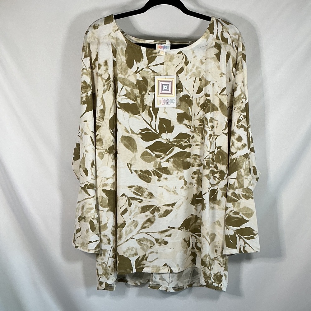 NWT LuLaRoe Green & Cream Leaf-Print Tunic Top Size 3XL